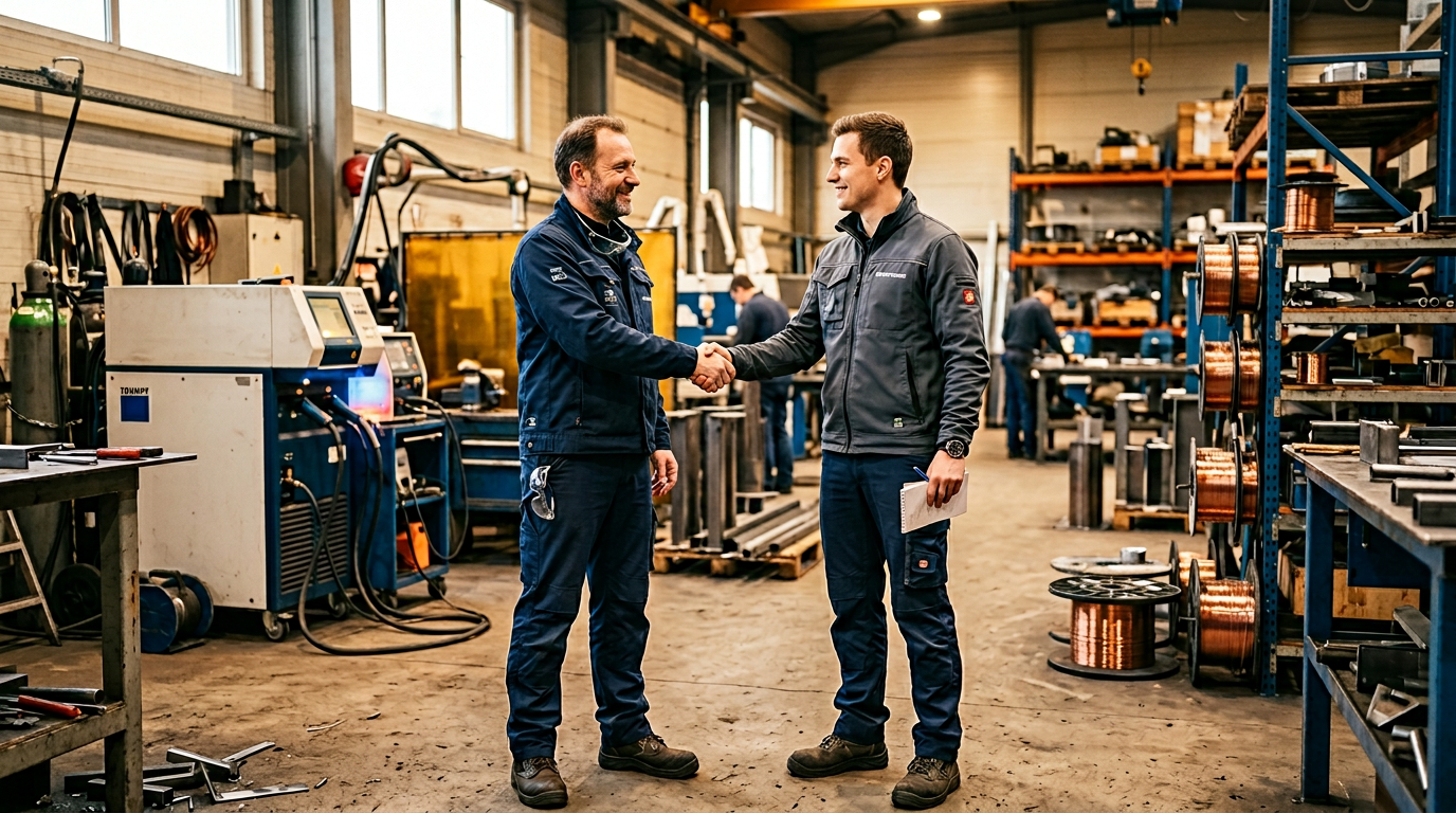 Two engineers shaking hands in an industrial setting &ndash; partnership as equals